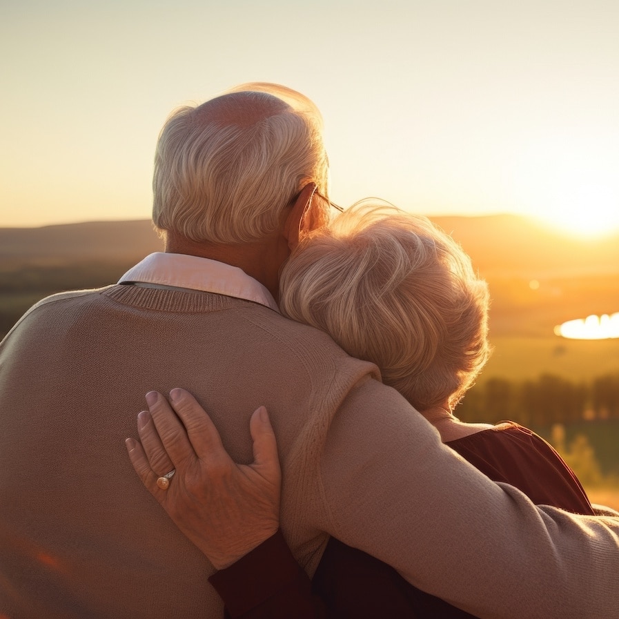 Baxter Senior Living |A couple of seniors sharing a loving embrace as they watch the sun set over the rolling hills of their favorite golf course.